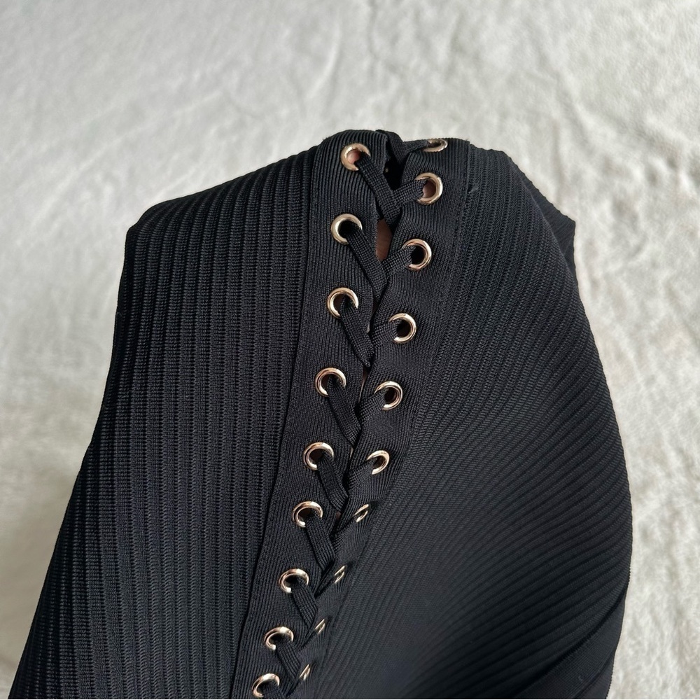 NBD Black Lace-Up Ribbed Mini Dress - Picture 6 of 13